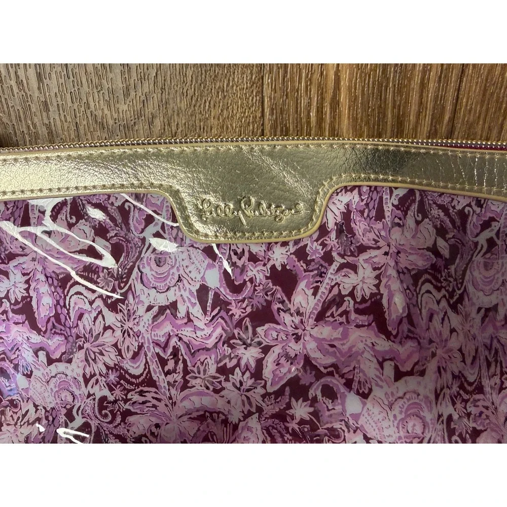 Lilly Pulitzer Purple Elephant Print Cosmetic Bag Gold Metallic Trim Pouch